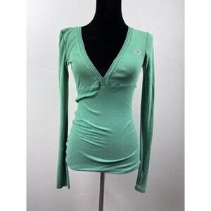 Hollister Vintage Green Long Sleeve Ribbed V-neck Med Preppy Y2K 90's Babydoll